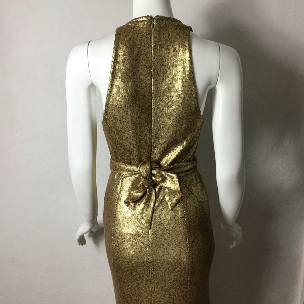 New without tags Donna Karan gold sequin deep v neck Belted Sequined Dress gown - Picture 8 of 14